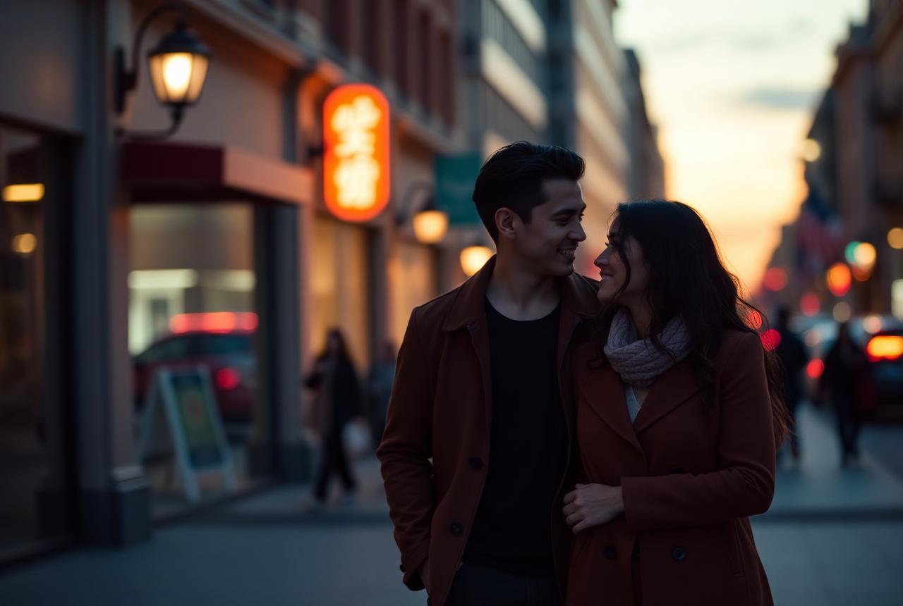 Two Hookupers members walking through a city street at dusk on an evening date