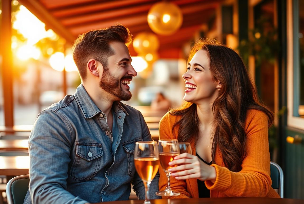A couple laughing together on a first date at a sunlit cafe after matching on Hookupers
