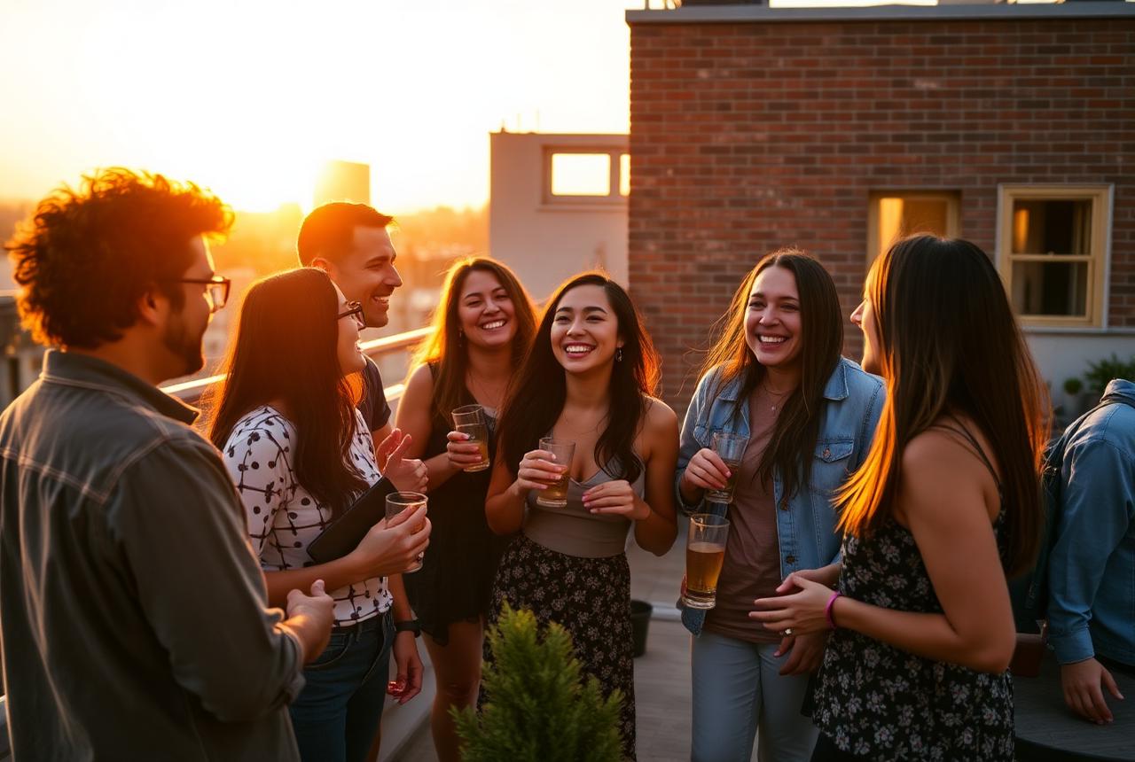 Verified Hookupers members socialising at a rooftop gathering at sunset